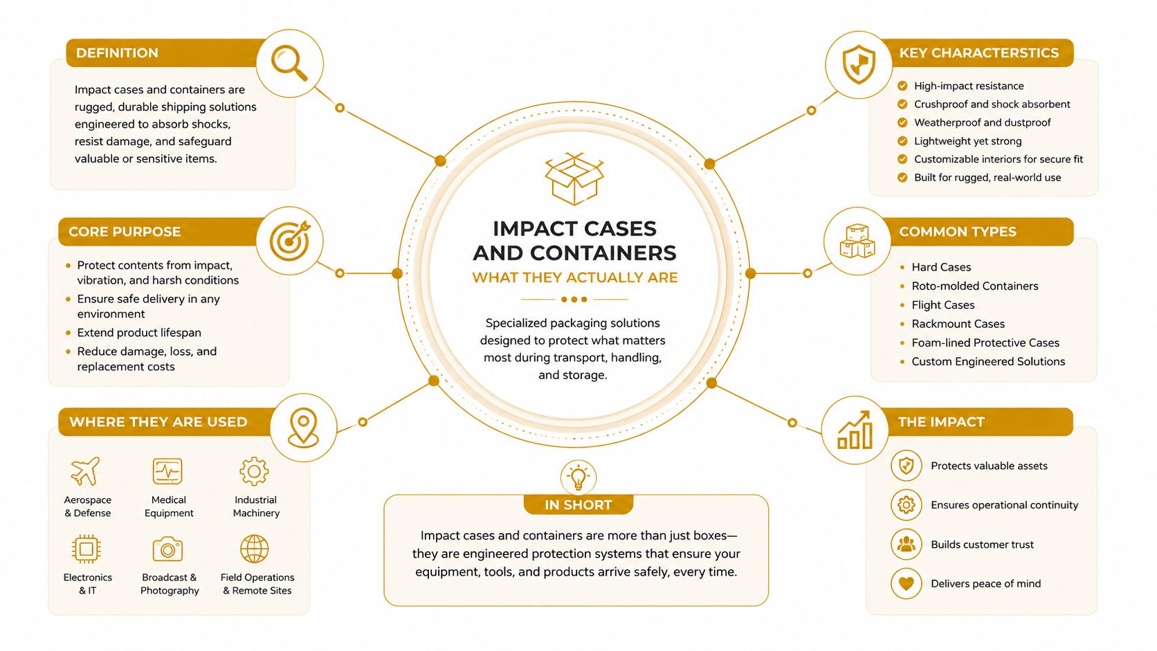 A comprehensive infographic explaining the definition, purpose, characteristics, types, uses, and benefits of impact cases and containers.