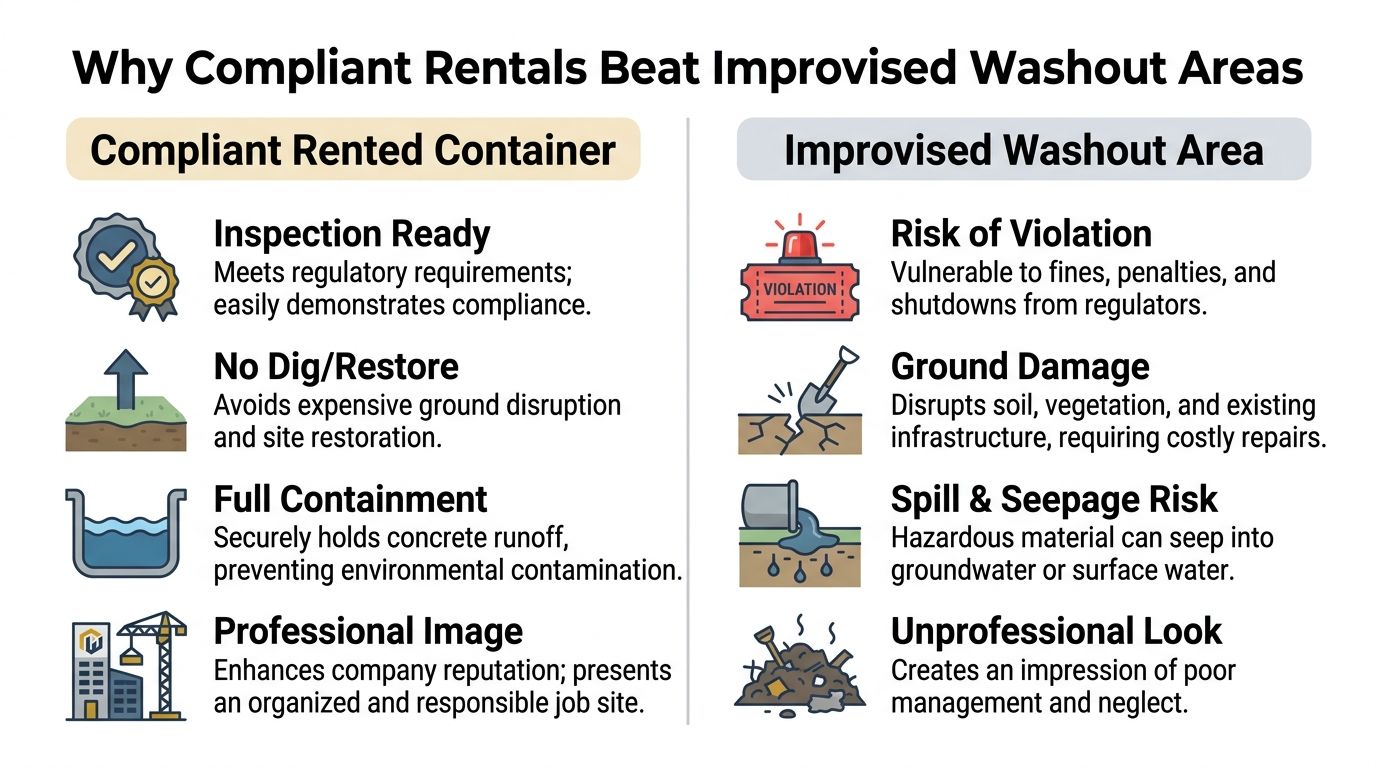 A comparison chart showing the benefits of compliant rented containers versus improvised washout areas on construction sites.