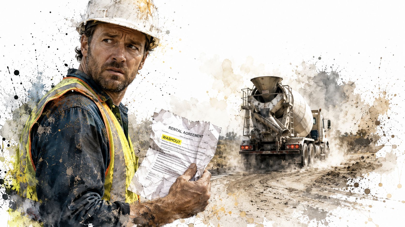 A construction worker in a hard hat holding a crumpled rental agreement near a concrete mixer truck.