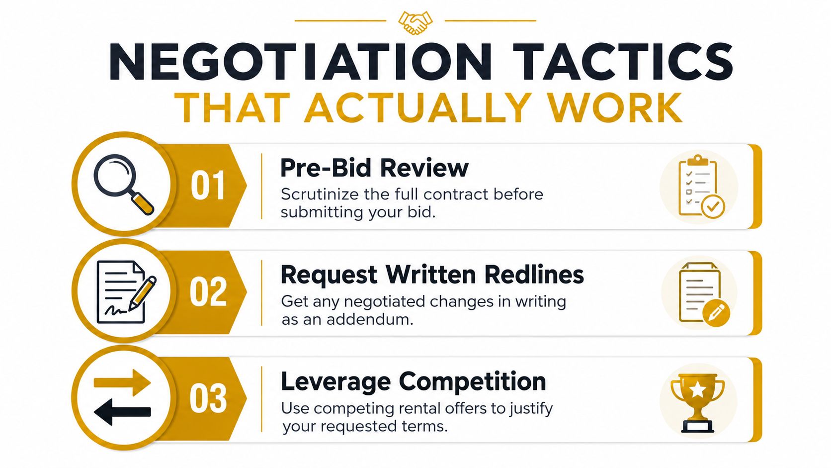 An infographic titled Negotiation Tactics That Actually Work, listing three professional strategies for contract negotiations.