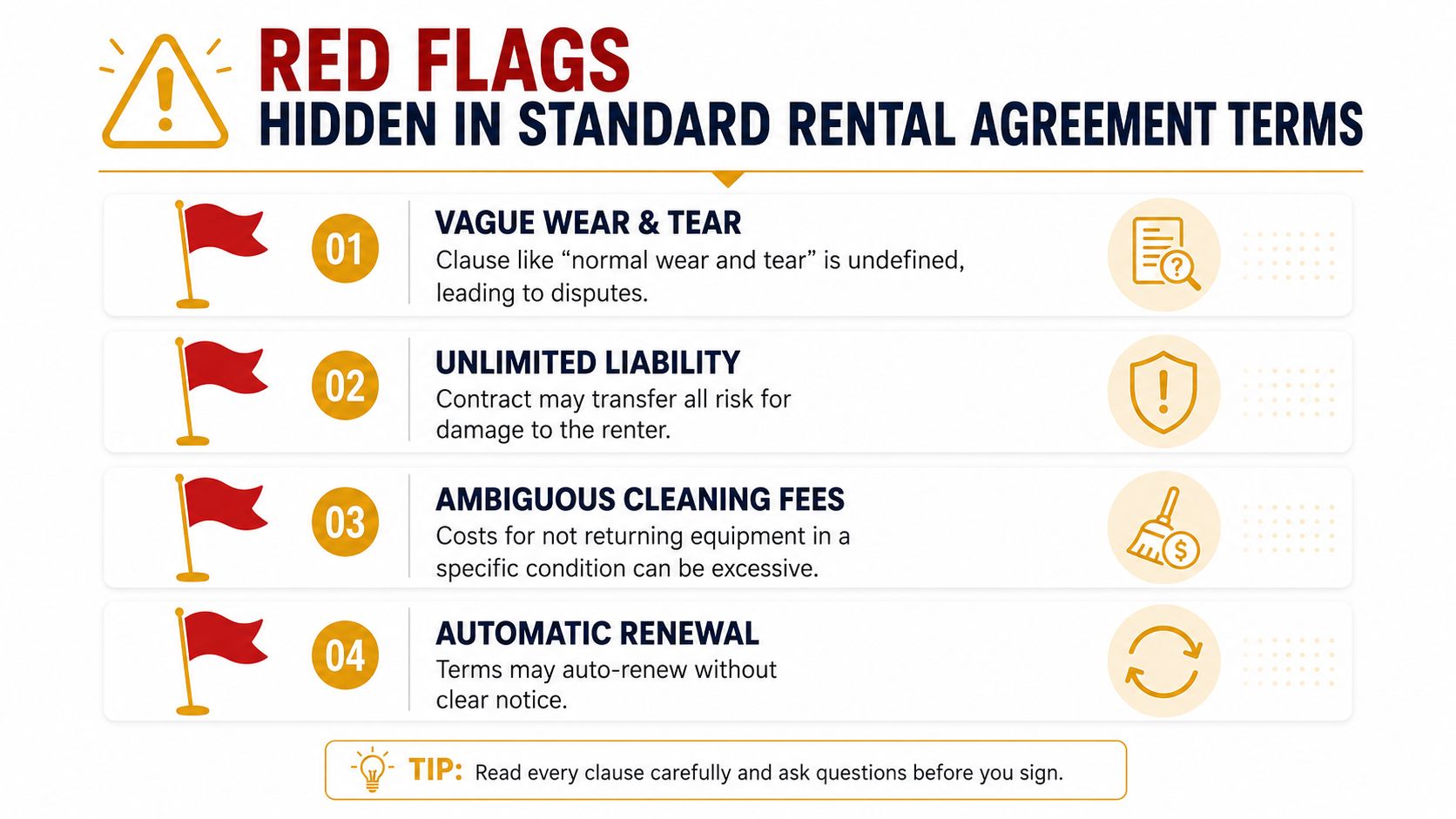 A red flag infographic highlighting common rental agreement pitfalls such as vague wear and tear and excessive fees.