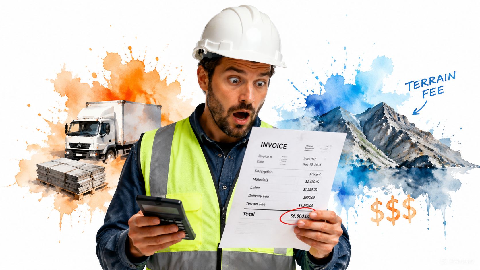 A construction worker in a hard hat looking surprised at an invoice while holding a calculator.