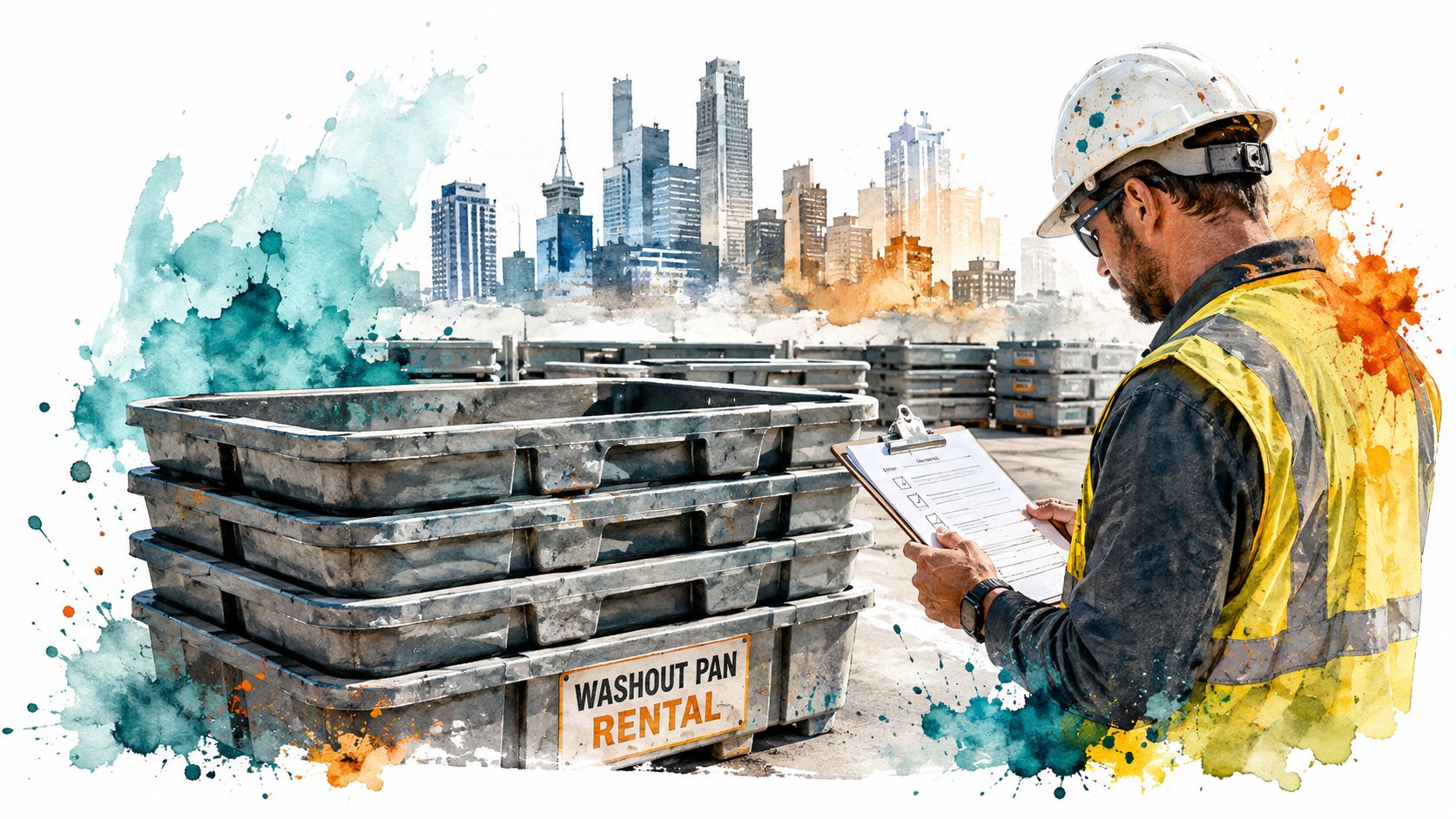 A construction site manager reviewing a checklist with washout pans and a city skyline in the background.