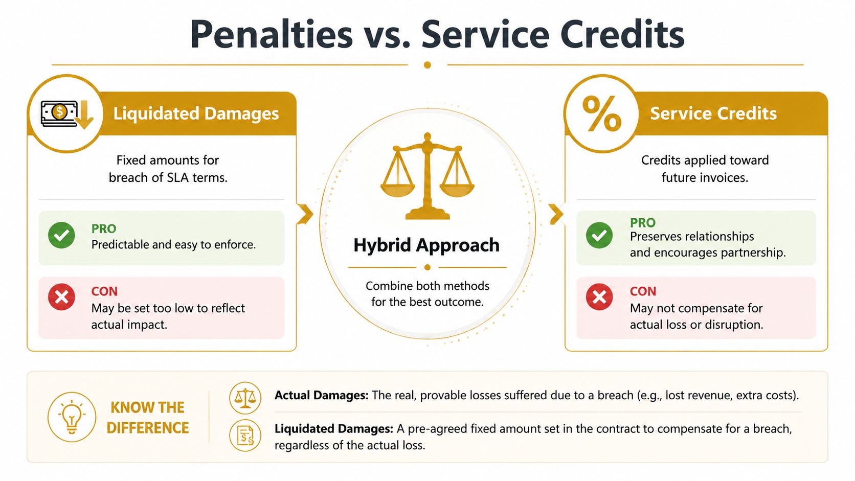 A comparison chart explaining the differences between liquidated damages and service credits in business contracts.