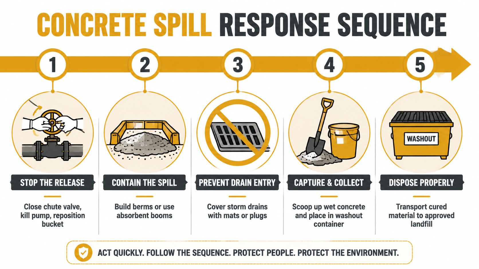 A five-step infographic showing the proper procedure to contain and clean up a concrete spill.