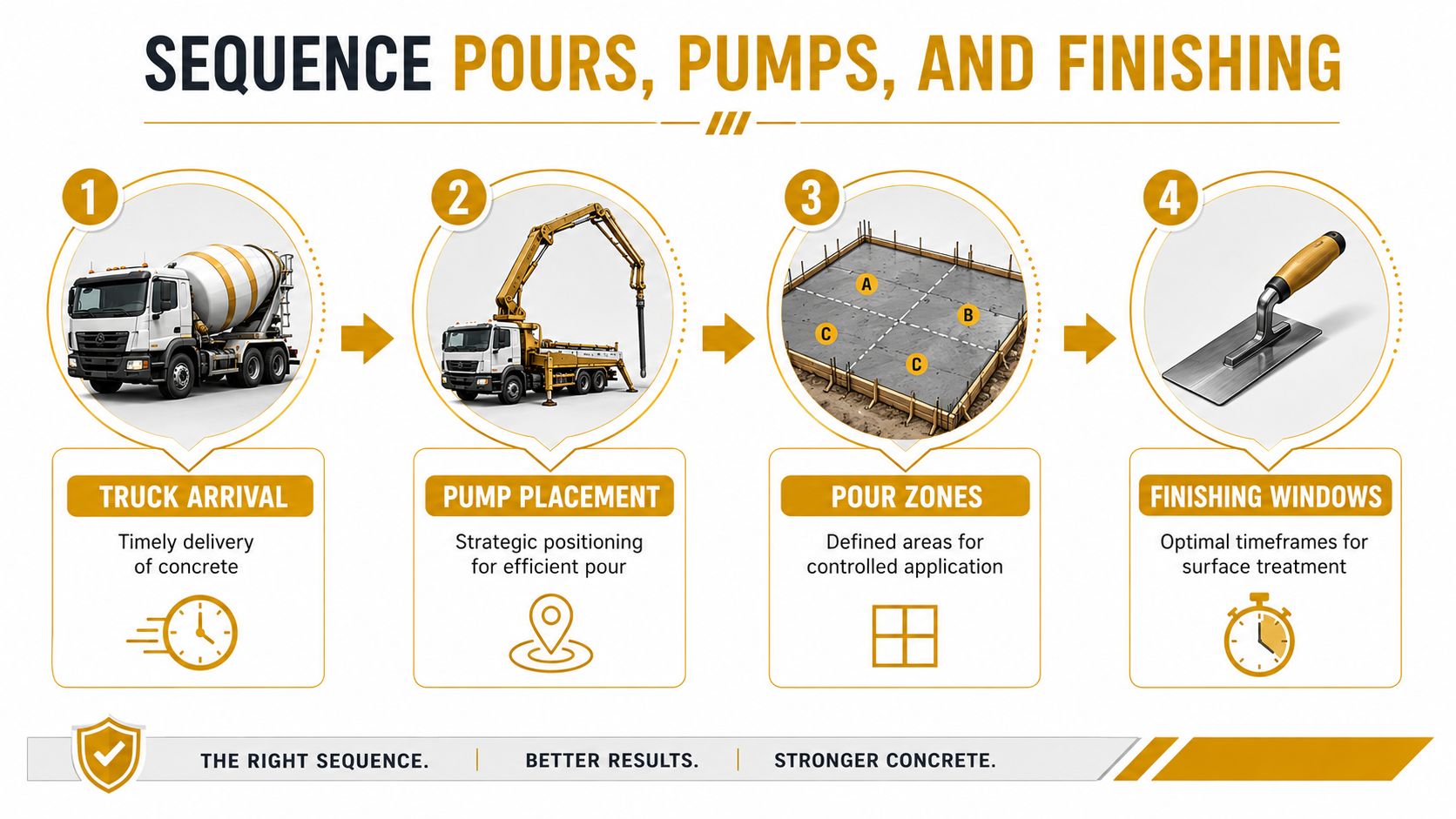 An infographic detailing the four-step sequence of concrete pours, pumps, and surface finishing for construction projects.