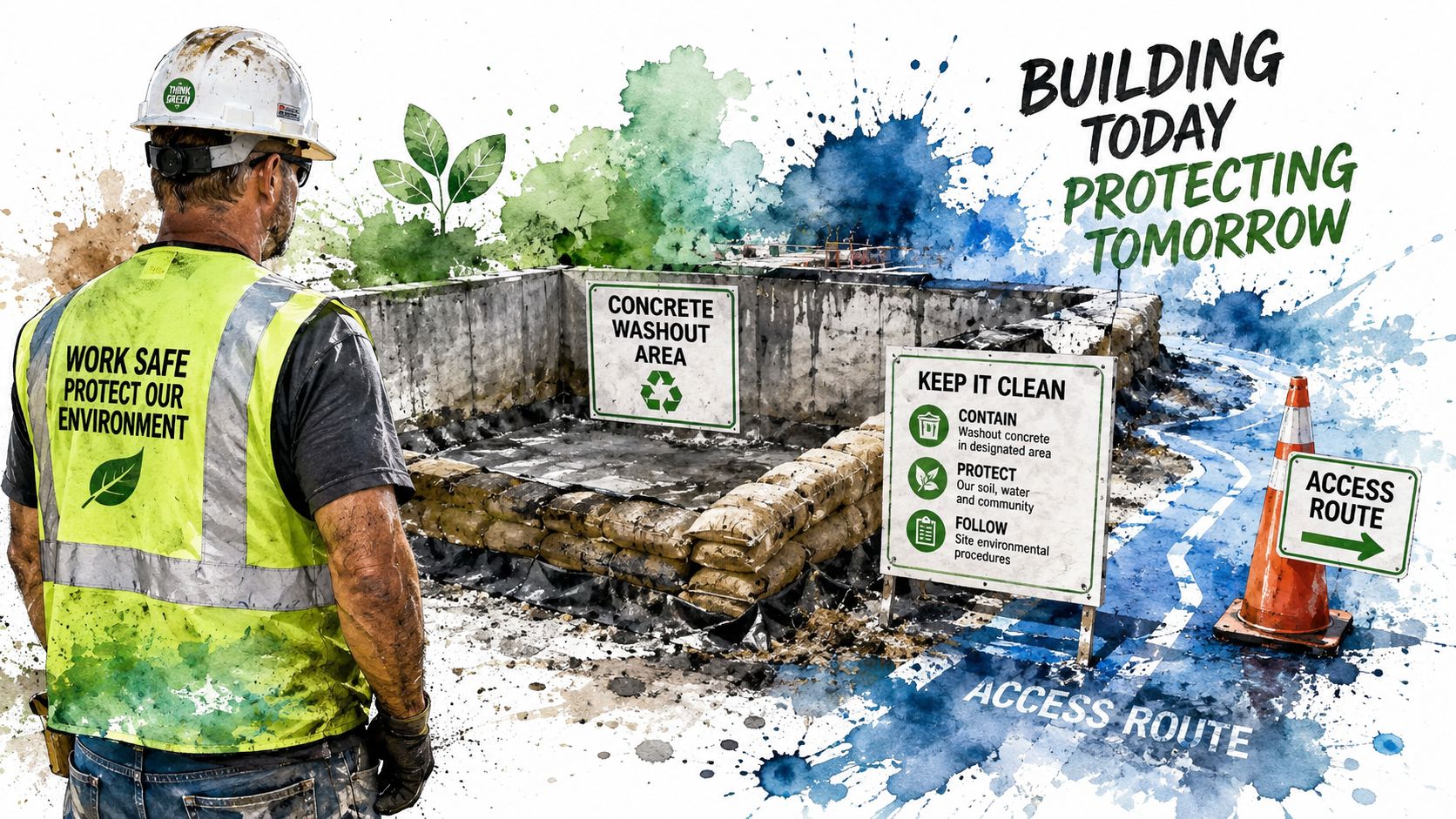 A construction worker standing by a designated concrete washout area on a site with environmental signs.