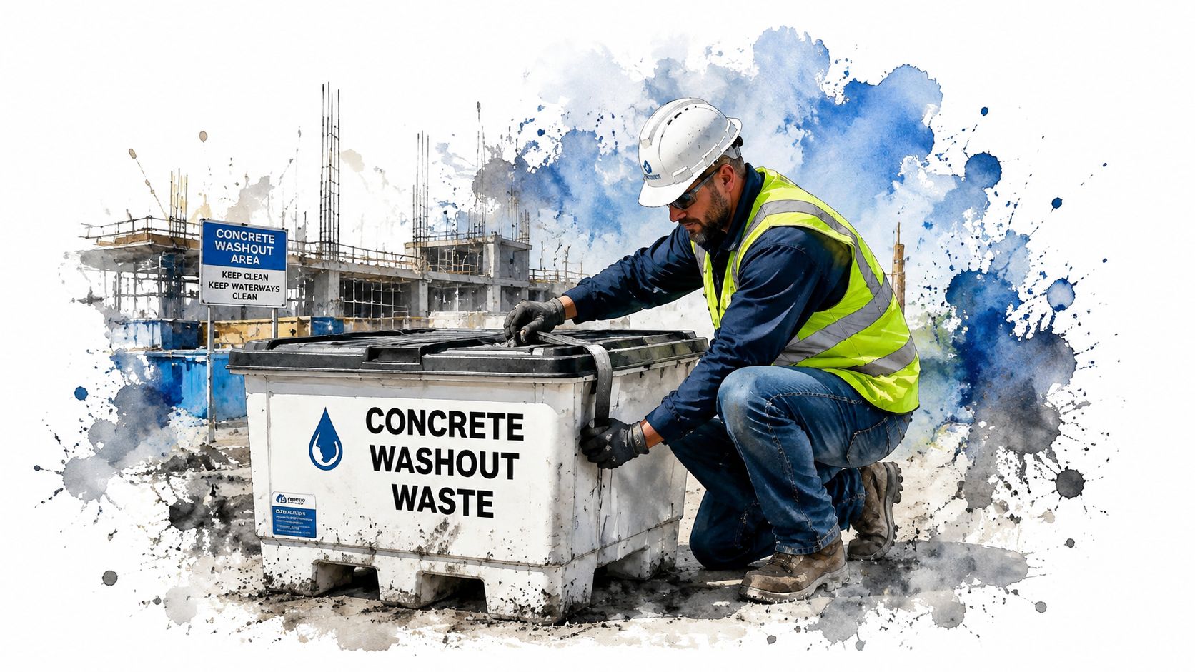 A construction worker in safety gear secures a container labeled Concrete Washout Waste on a job site.