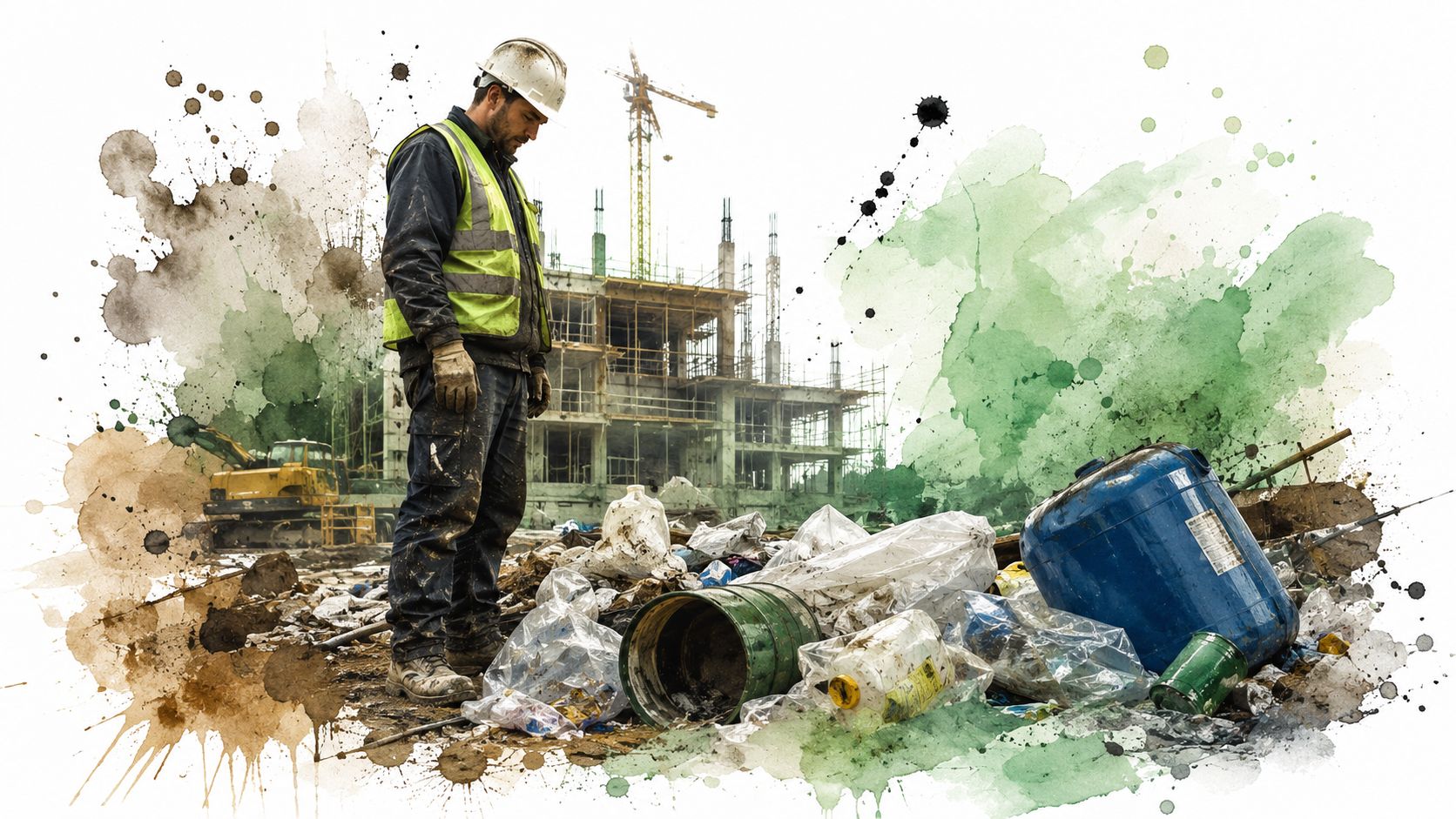 A construction worker standing on a site filled with plastic waste, trash, and industrial debris.