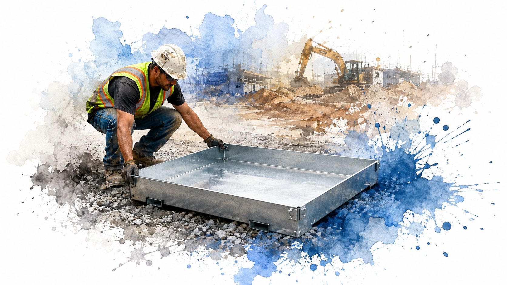 A construction worker placing a metal equipment tray on a gravel site at a construction project.