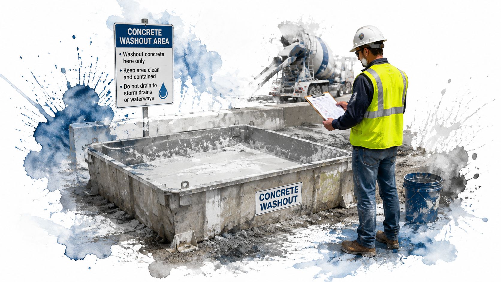 A construction inspector with a clipboard checking a concrete washout container on a construction site.