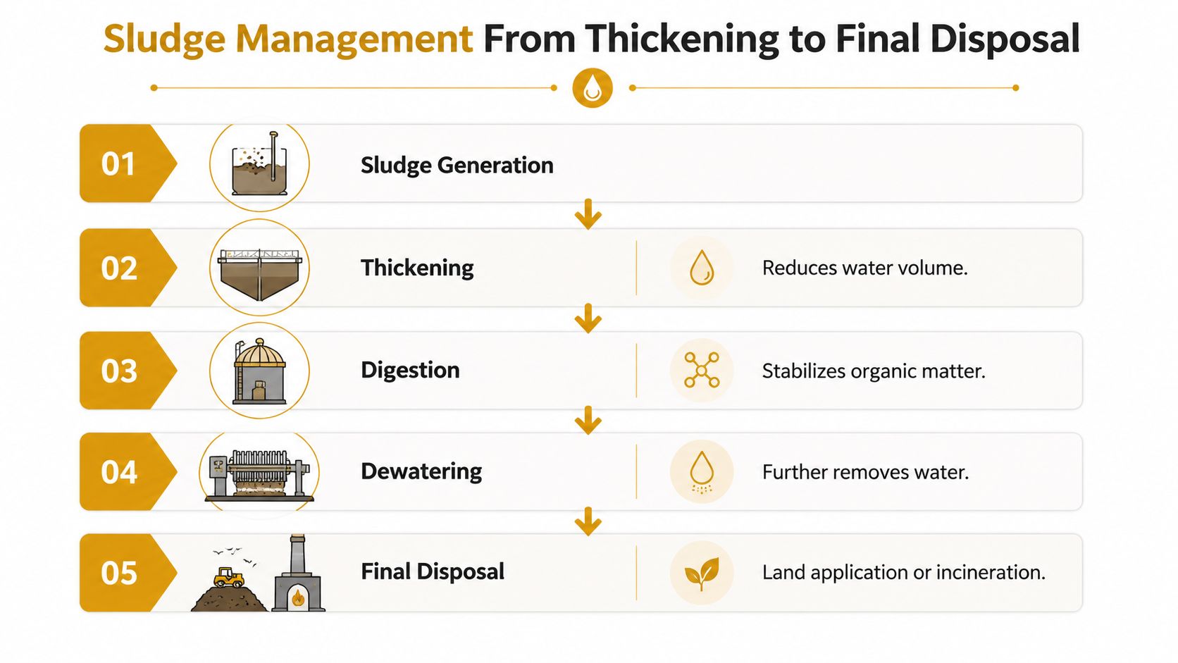 An infographic showing the five stages of sludge management from generation to final disposal in wastewater treatment.