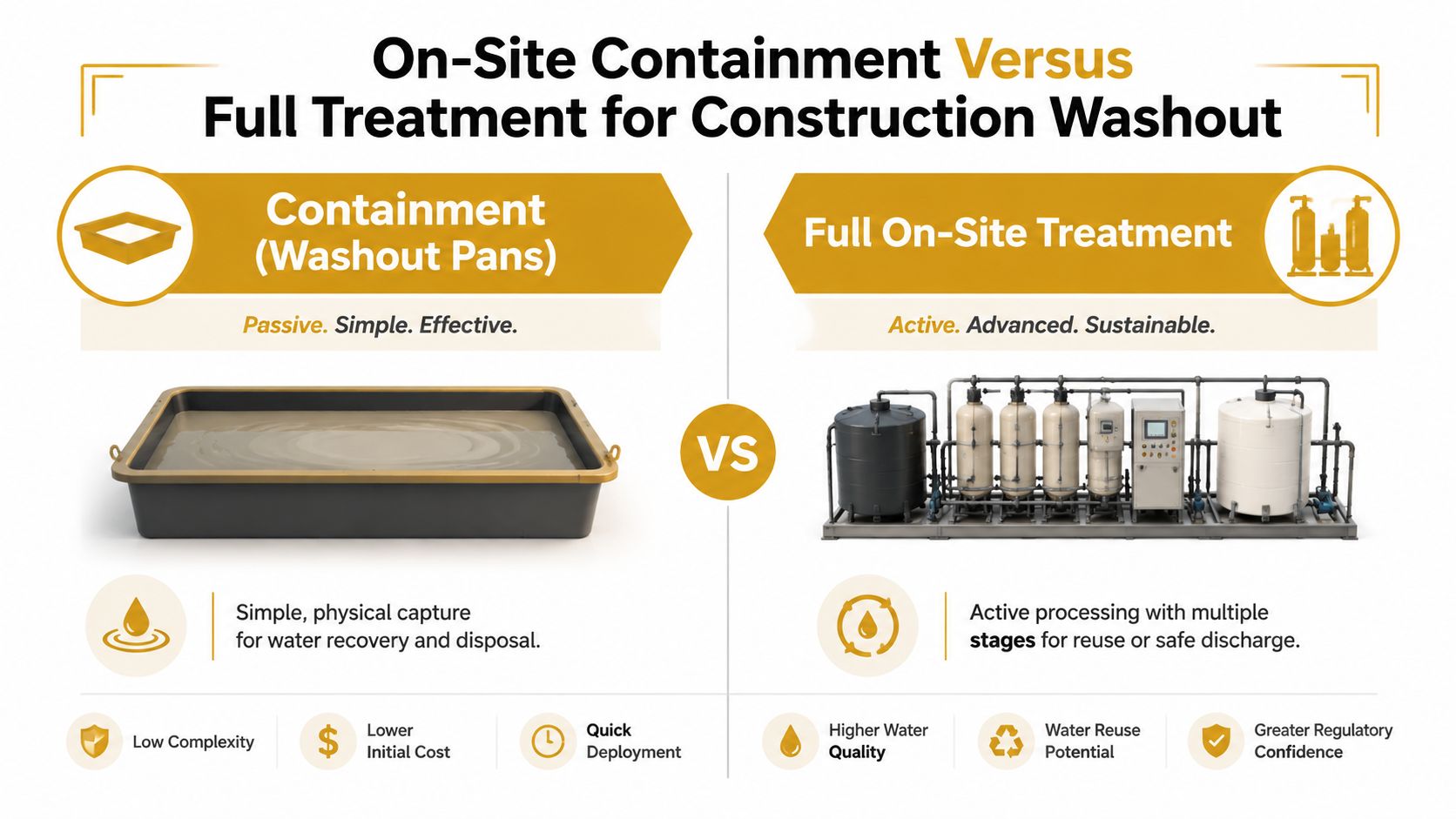 A comparison graphic between simple containment washout pans and an active, advanced on-site water treatment system.