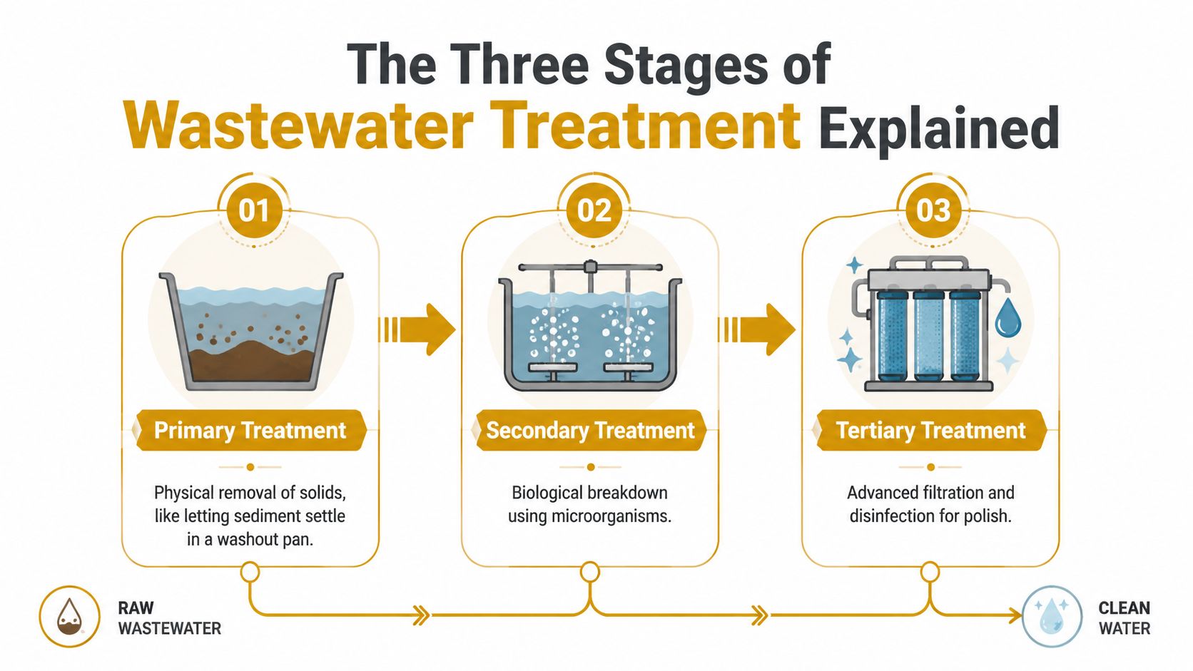 An infographic illustrating the three distinct stages of the wastewater treatment process from raw water to clean water.