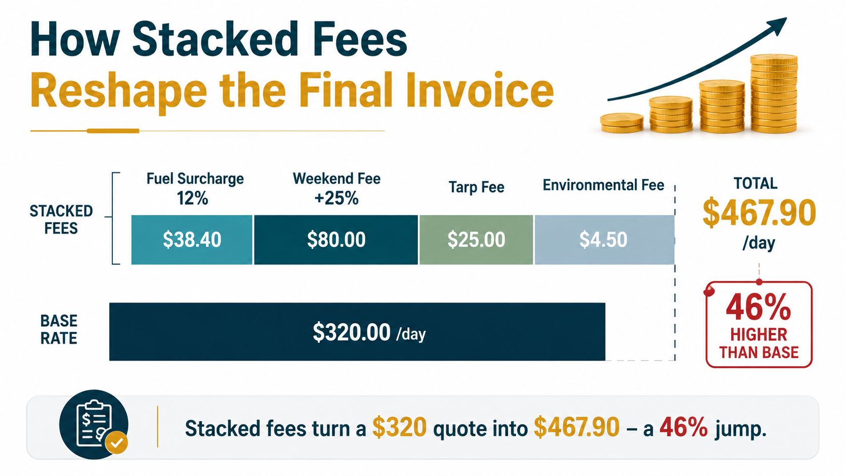 A chart illustrating how stacked fees like surcharges increase the base rate of a daily shipping quote.