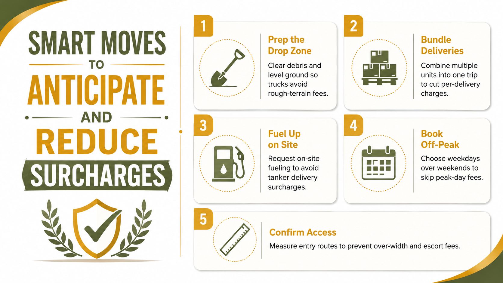 An infographic titled Smart Moves to Anticipate and Reduce Surcharges listing five tips for lowering shipping costs.