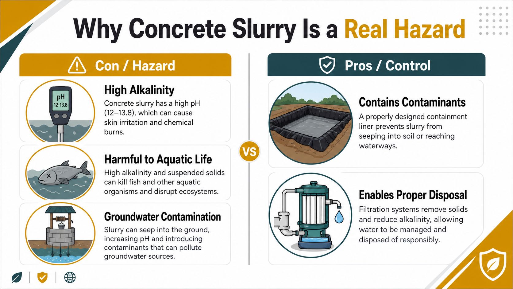 An infographic showing the hazards of concrete slurry and the pros of proper containment and disposal methods.