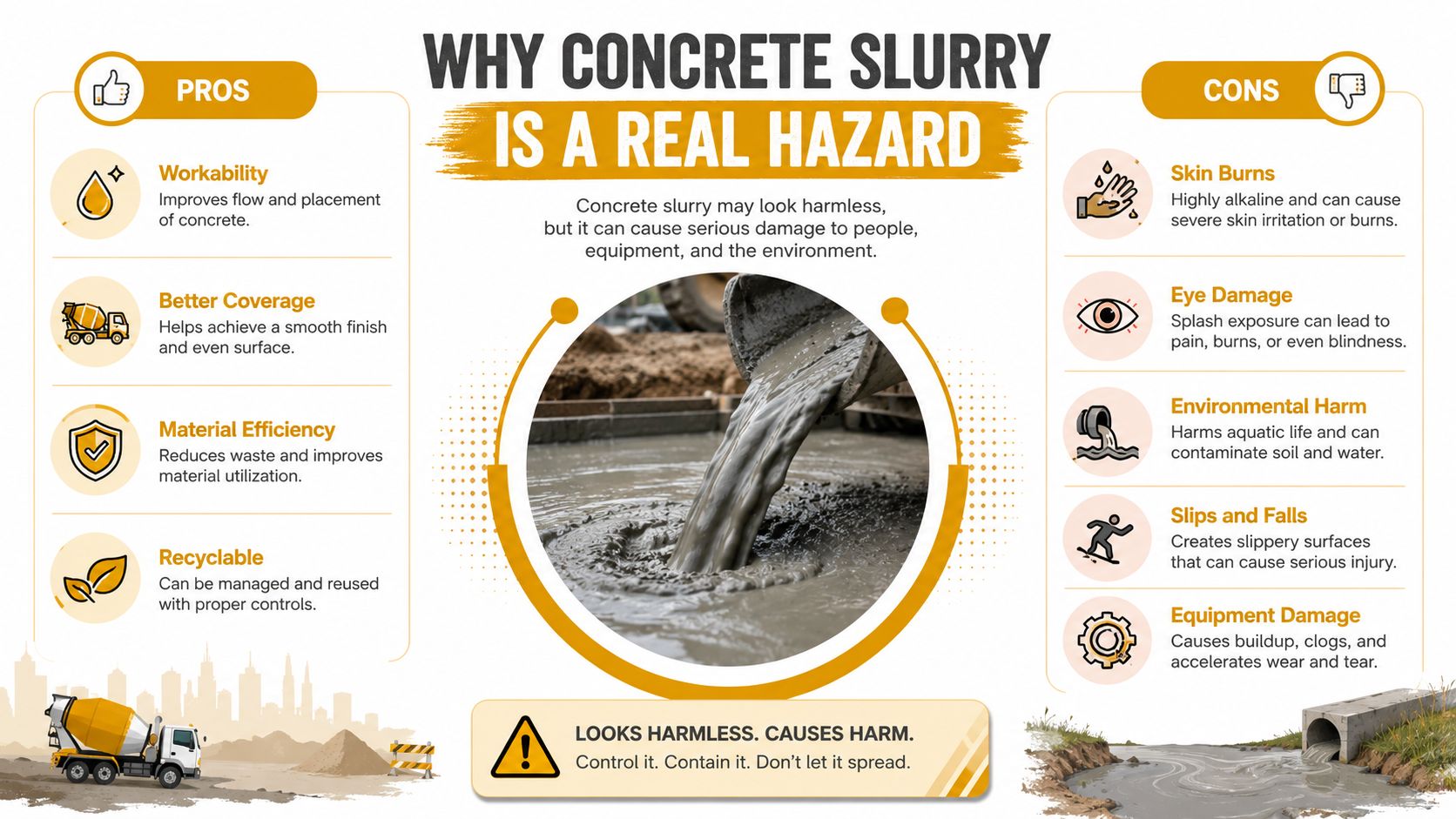 An infographic detailing the pros and cons of concrete slurry, highlighting safety hazards and environmental risks.
