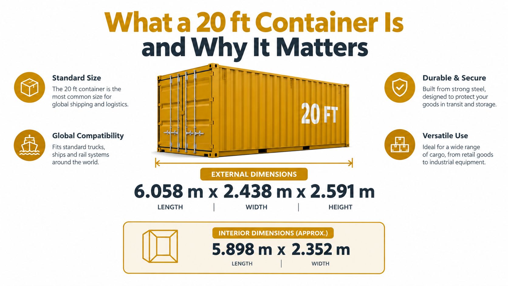 An infographic detailing the external and internal dimensions of a standard 20 ft shipping container.