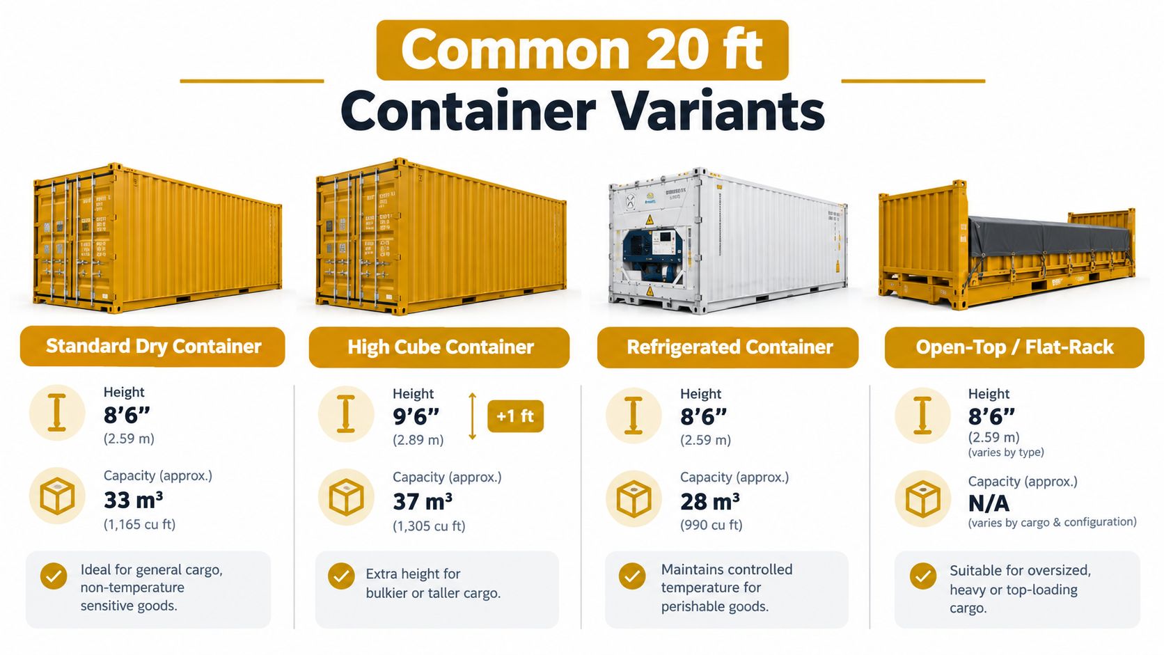 A comparison chart showing common 20 ft shipping container variants, including their dimensions and cargo capacities.