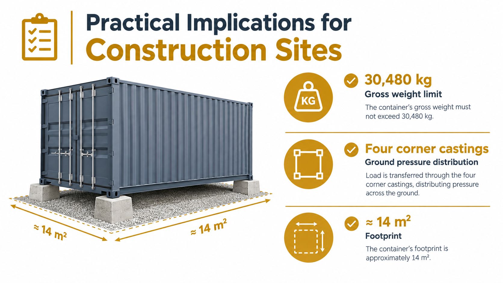 A 20 ft shipping container resting on corner blocks with weight and area specifications for construction sites.