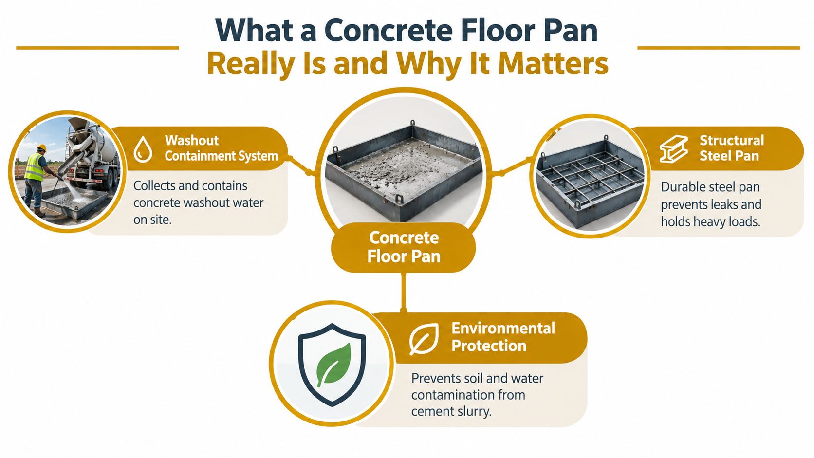 A diagram explaining the uses of a concrete floor pan for washout containment, structural support, and environmental protection.