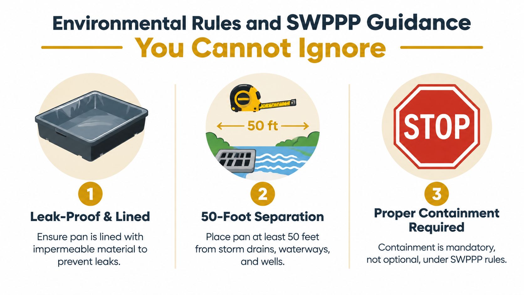 An infographic titled Environmental Rules and SWPPP Guidance showing three requirements for containing leaks using drip pans.