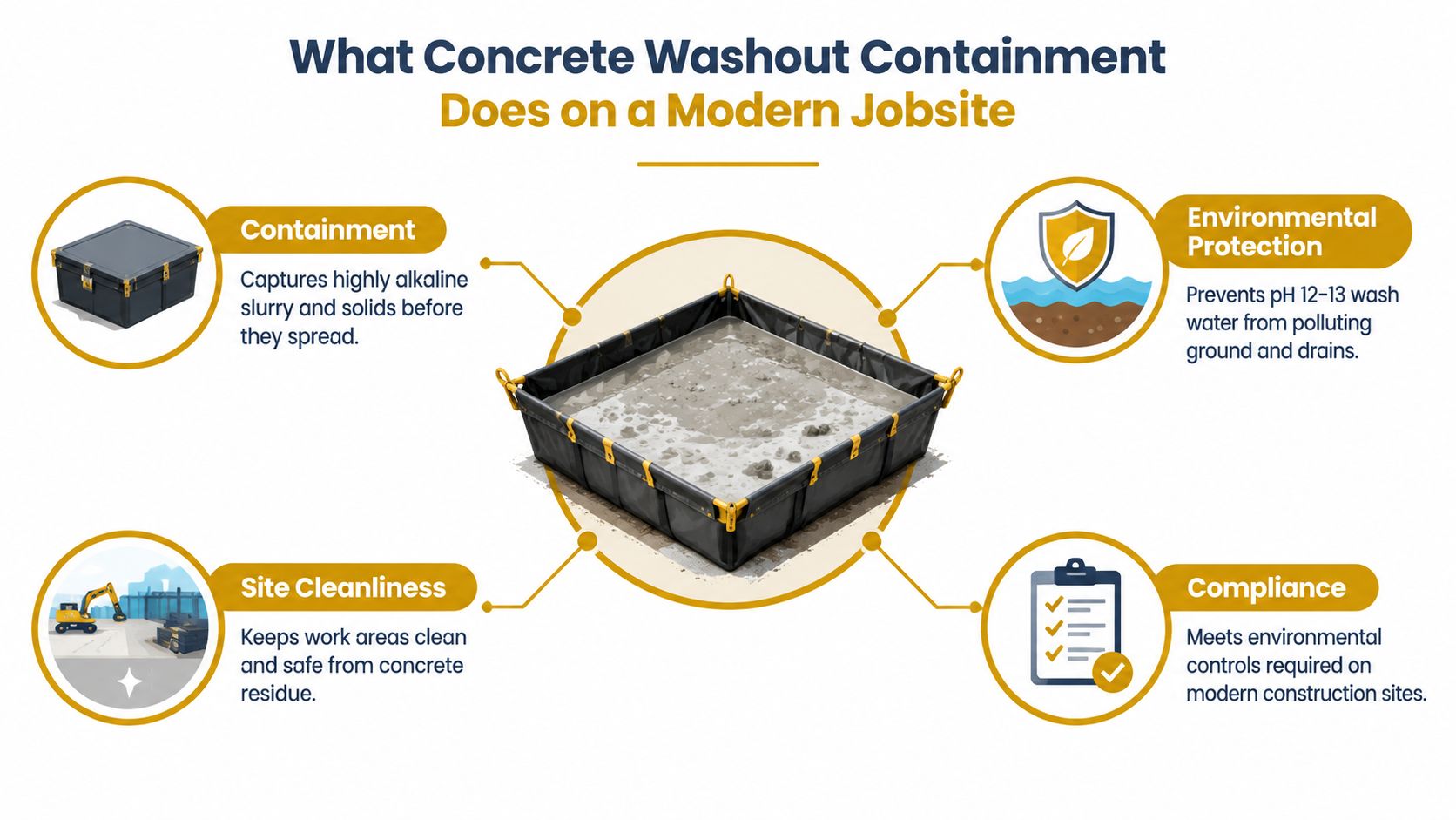 A diagram illustrating the benefits of concrete washout containment systems for modern construction job sites.