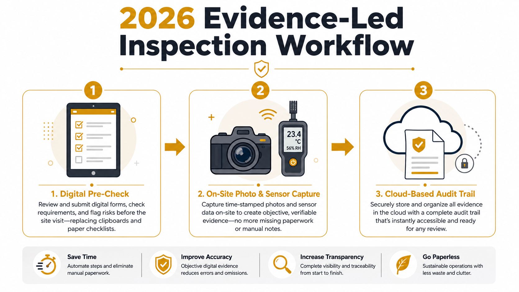 A digital infographic titled 2026 Evidence-Led Inspection Workflow showing three steps: digital pre-check, sensor capture, and cloud-based auditing.