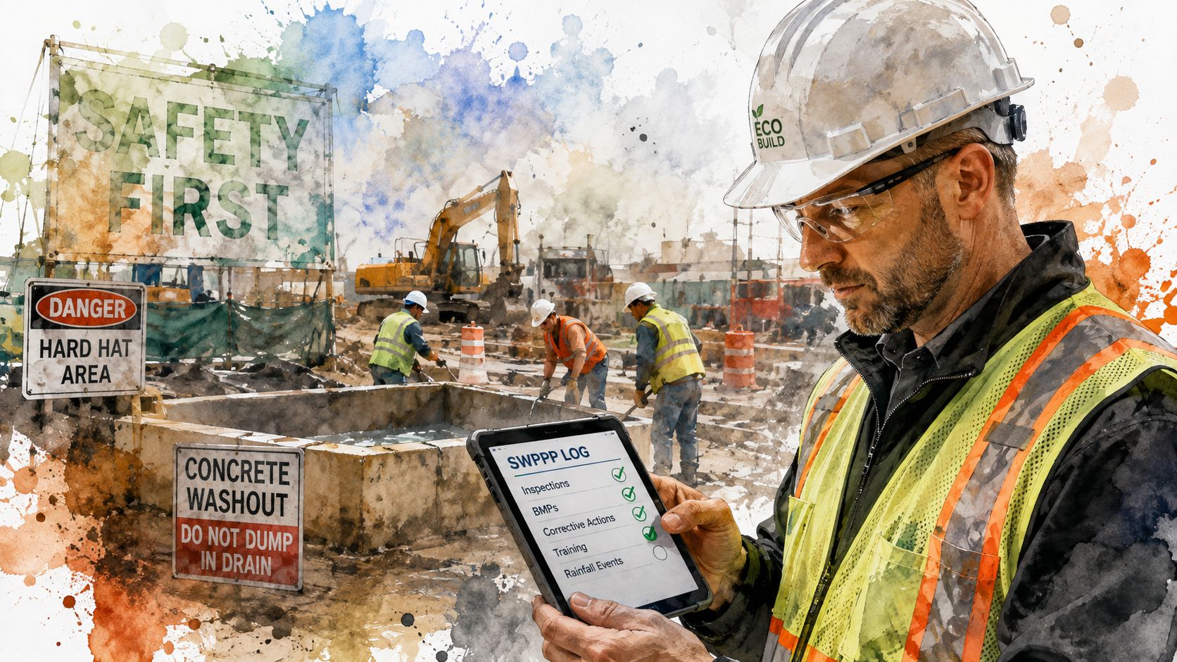 A construction manager holding a tablet with a SWPPP log while overseeing workers at a site.