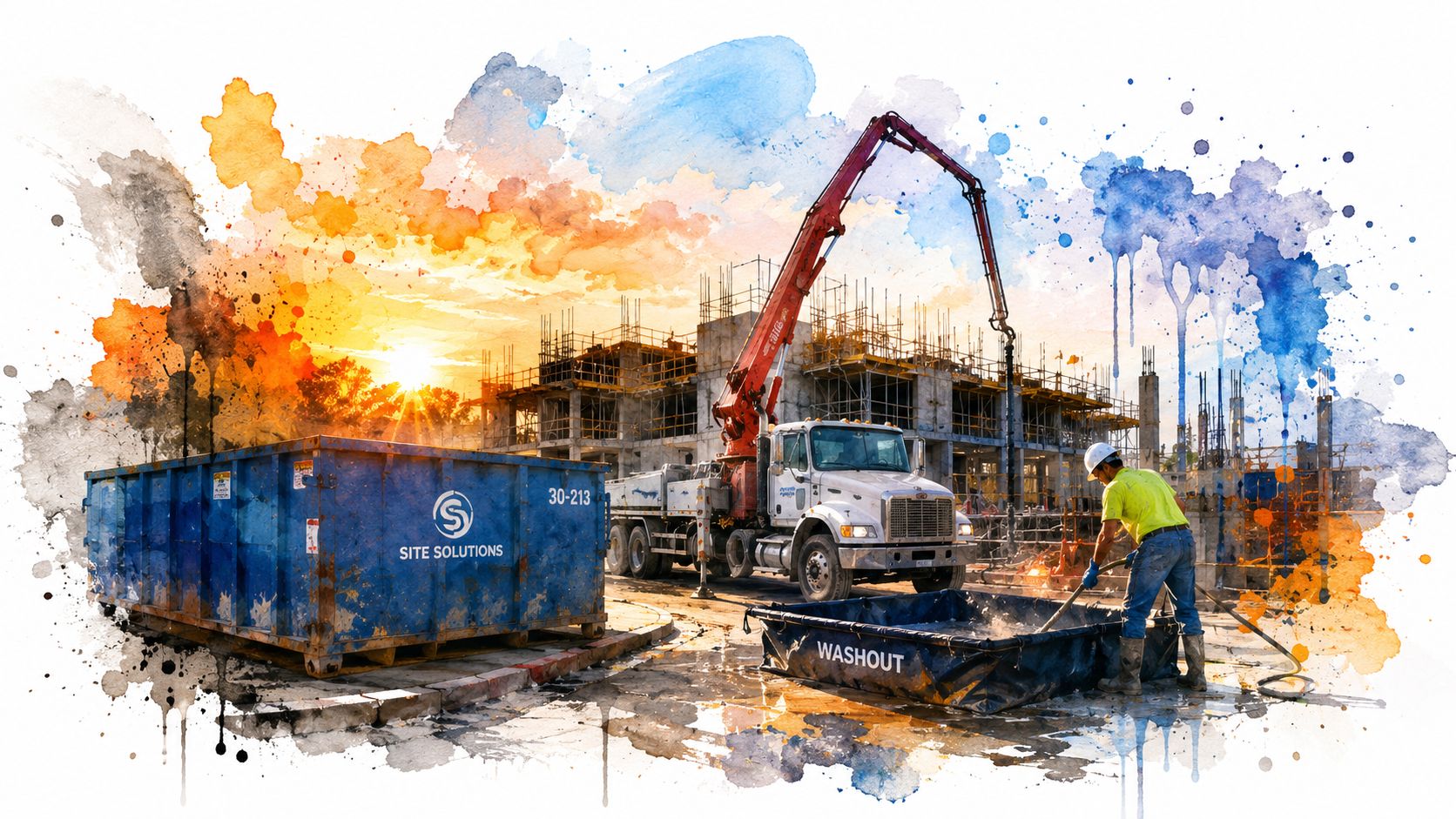 A construction worker cleans equipment at a concrete washout station near a concrete pump truck and dumpster.