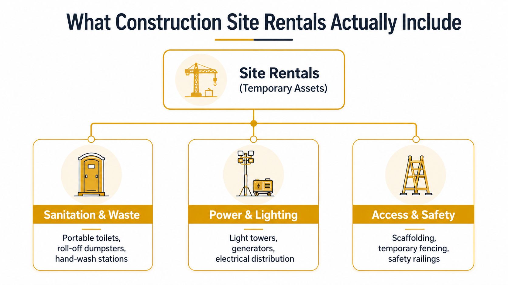 A diagram illustrating the three main categories of construction site rentals: sanitation, power, and safety equipment.