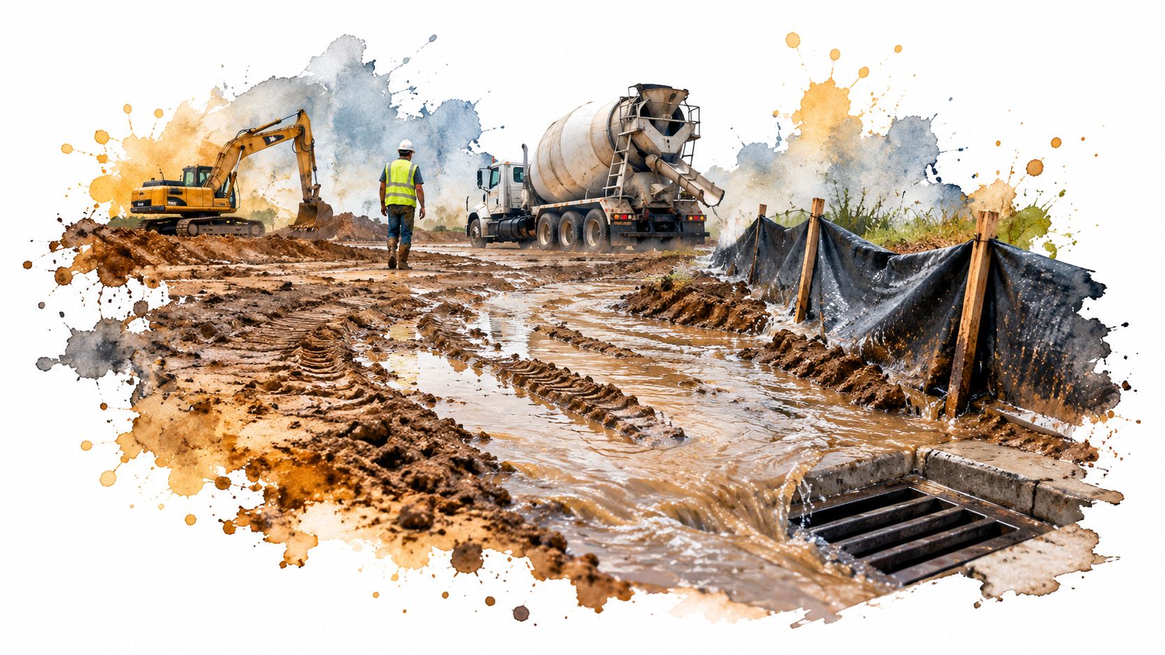 A worker in a high-visibility vest stands near a concrete mixer and excavator on a muddy construction site.