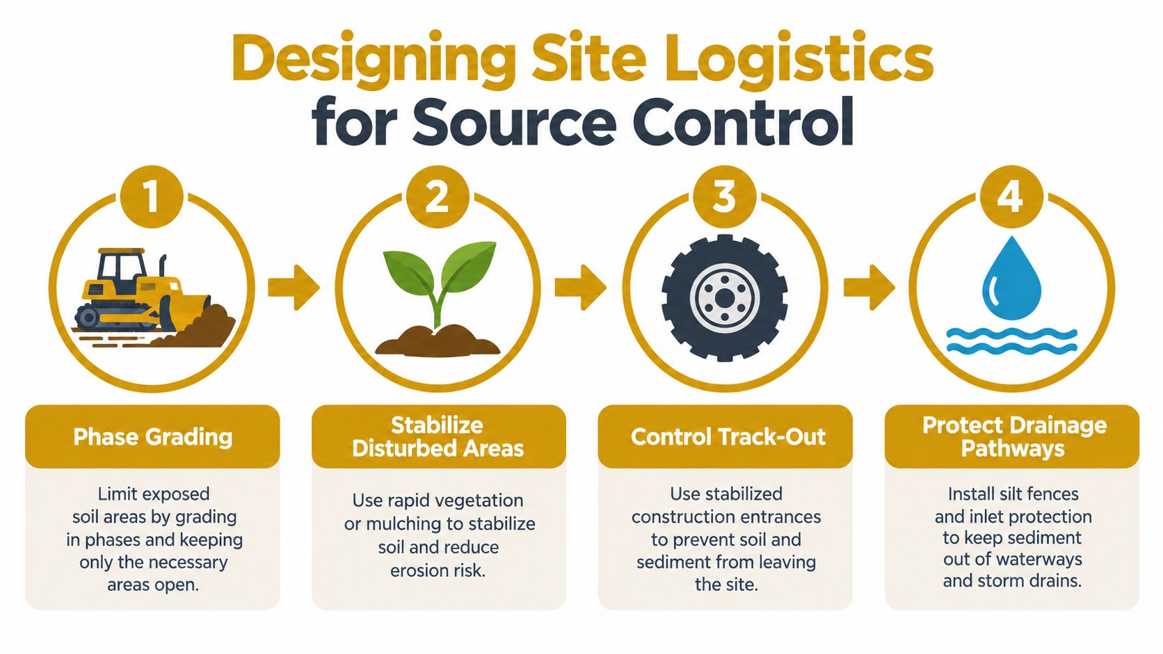 A four-step infographic illustrating construction site logistics and source control strategies for effective stormwater management.