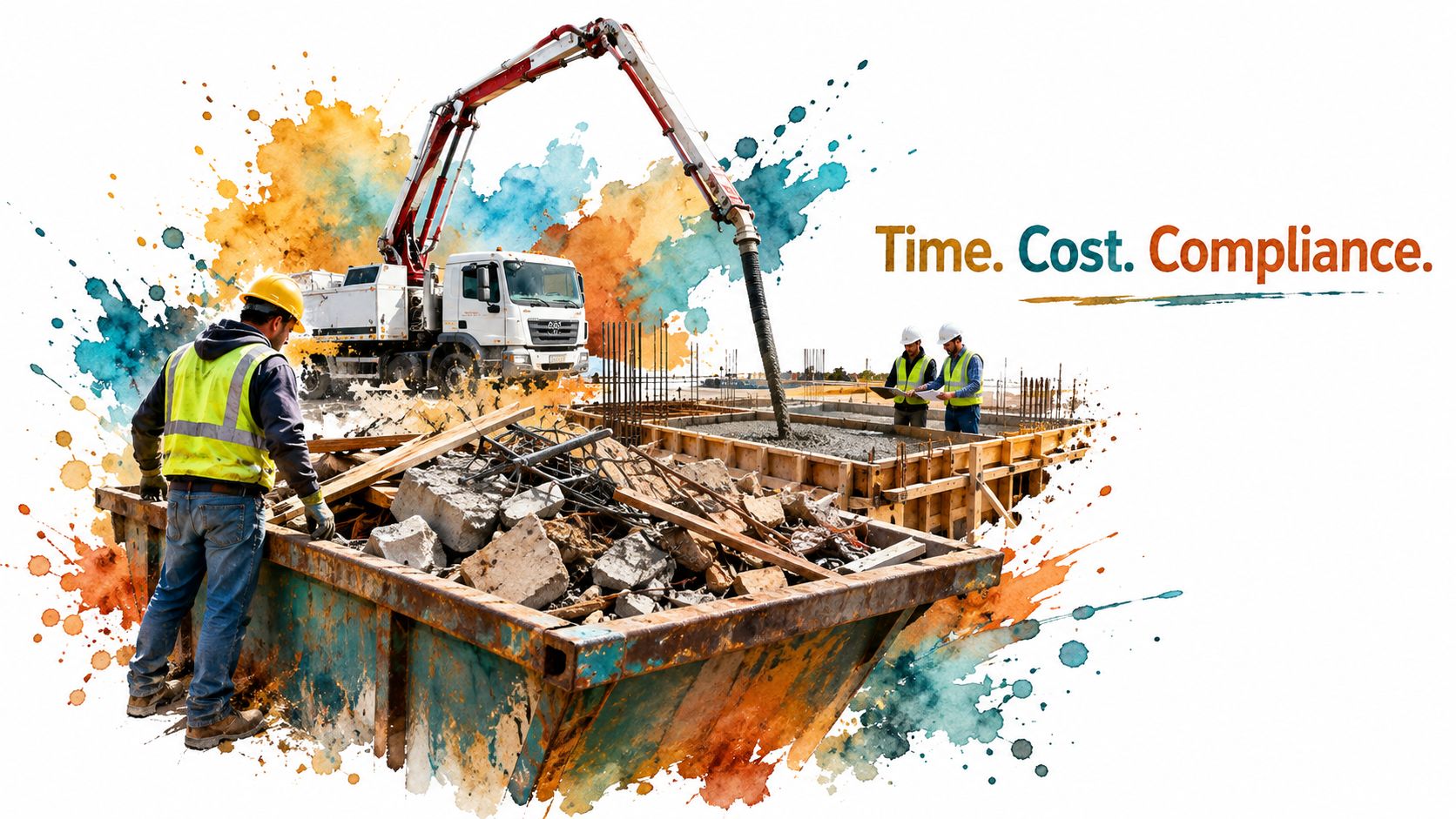 A construction site with workers, a concrete pump truck, and debris in a large waste dumpster.