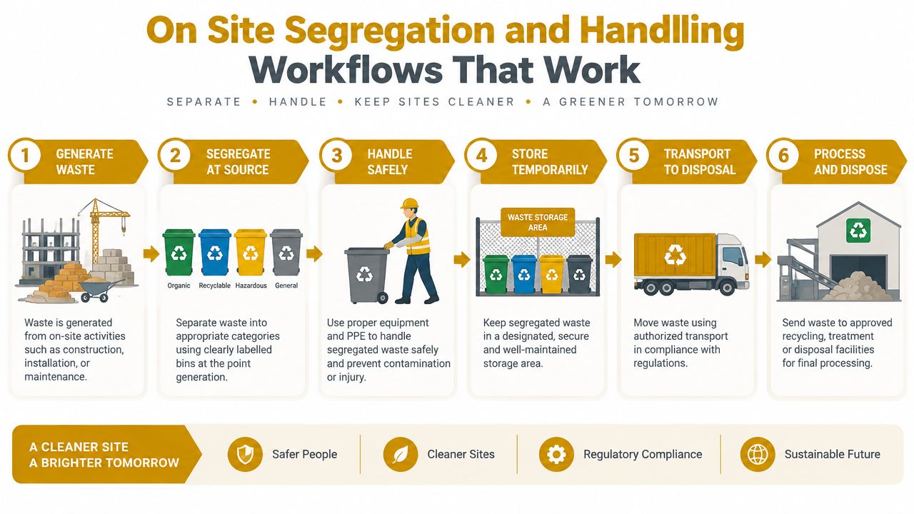 An infographic showing a six-step workflow for the proper segregation, handling, and disposal of construction site waste.