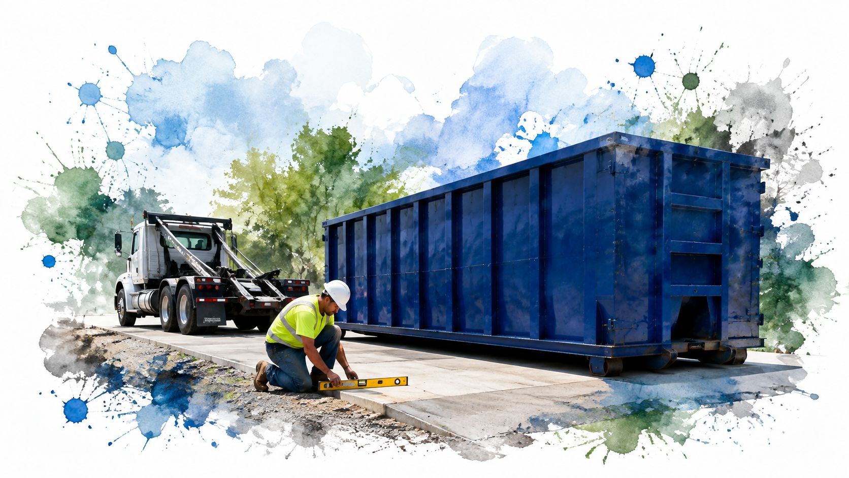 A construction worker uses a level to measure the concrete surface next to a large roll-off dumpster.
