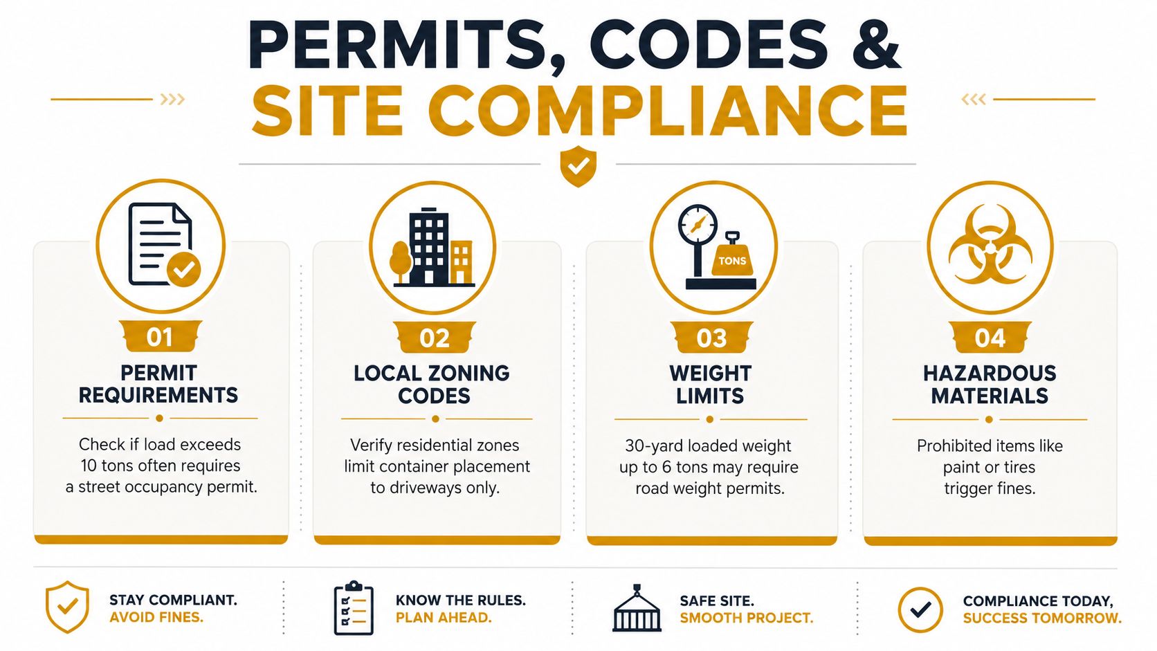 An infographic detailing essential permits, zoning codes, weight limits, and hazardous material regulations for construction sites.