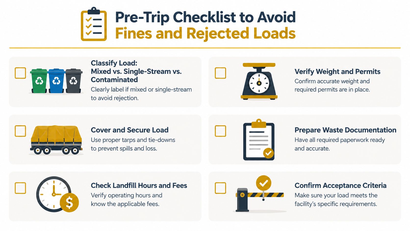 A pre-trip checklist illustration for waste transportation, highlighting key steps to avoid fines and rejected landfill loads.