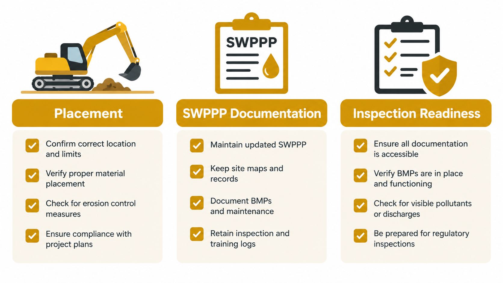 An infographic showing three steps for environmental rental equipment: placement, SWPPP documentation, and inspection readiness for construction sites.