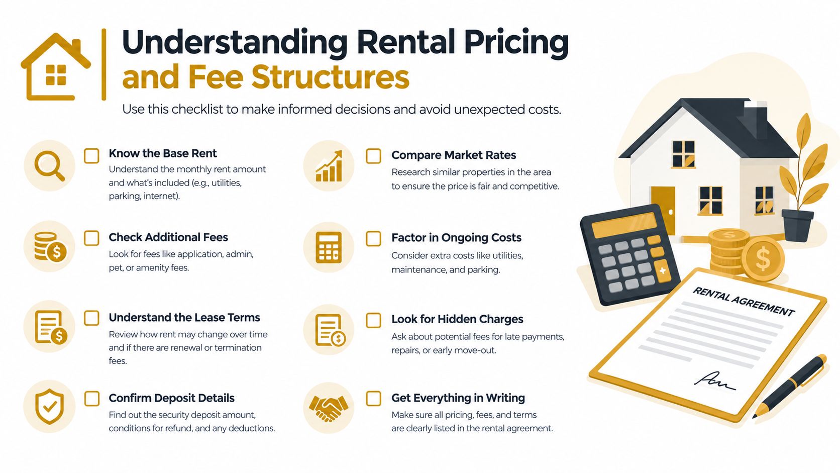 An infographic checklist for understanding rental pricing and fee structures when leasing a property.