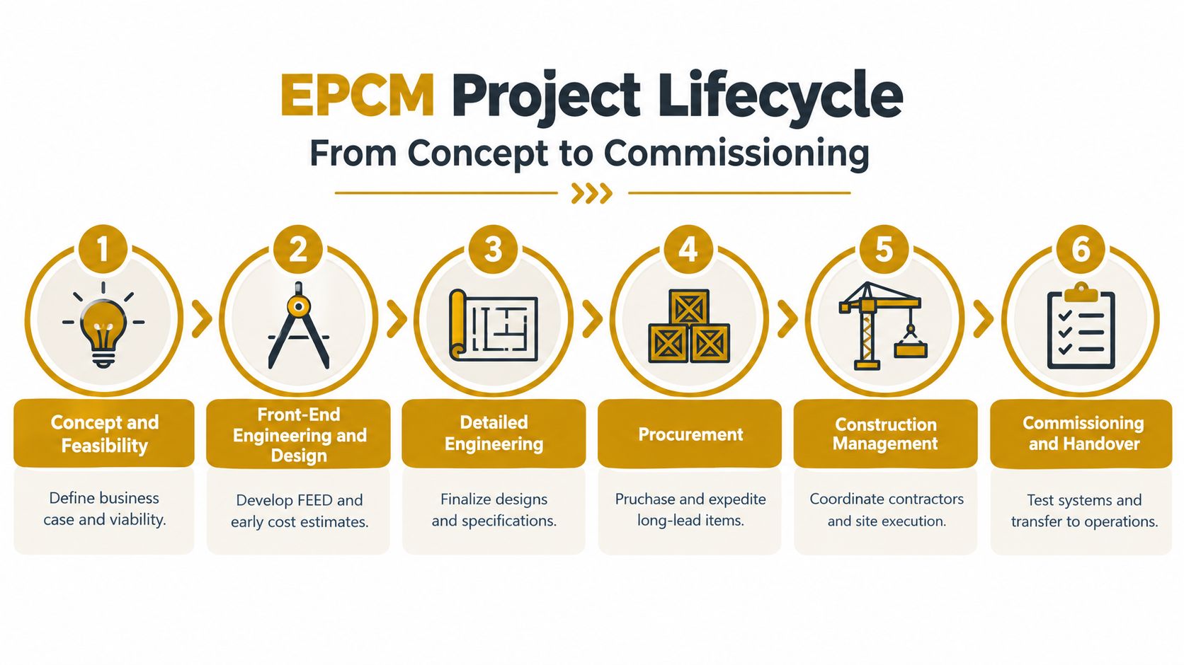 A six-step infographic illustrating the EPCM project lifecycle from initial concept to final facility commissioning.