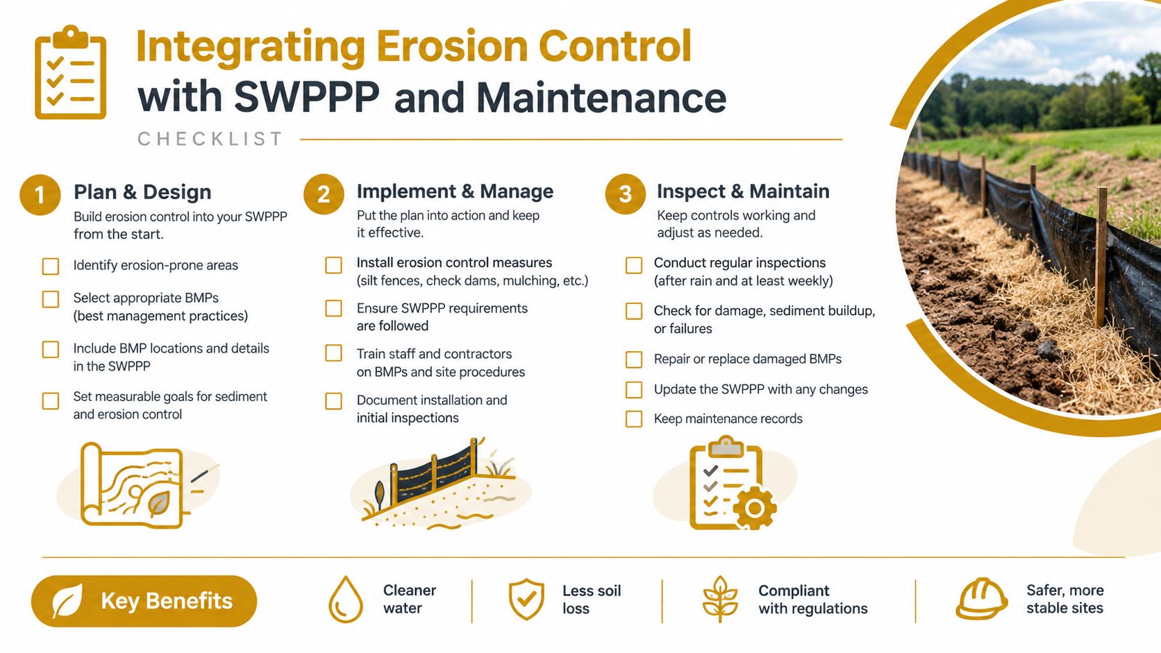 A checklist infographic titled Integrating Erosion Control with SWPPP explaining three phases of construction site management.