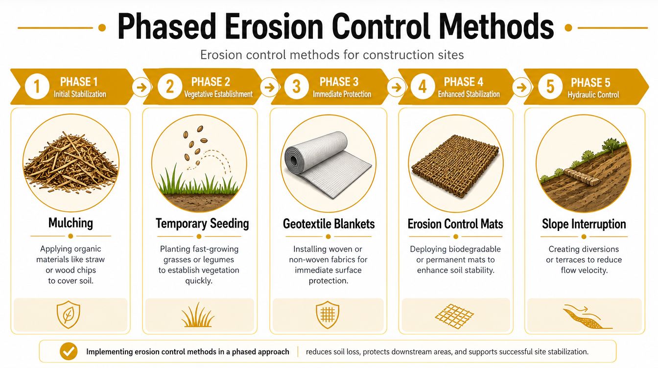A five-phase diagram illustrating different erosion control methods used on construction sites to stabilize the ground.