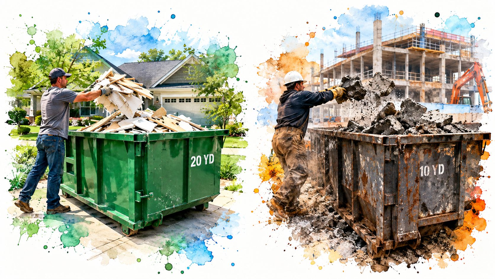 A split image showing workers loading construction debris into a green 20-yard and a rusty 10-yard dumpster.