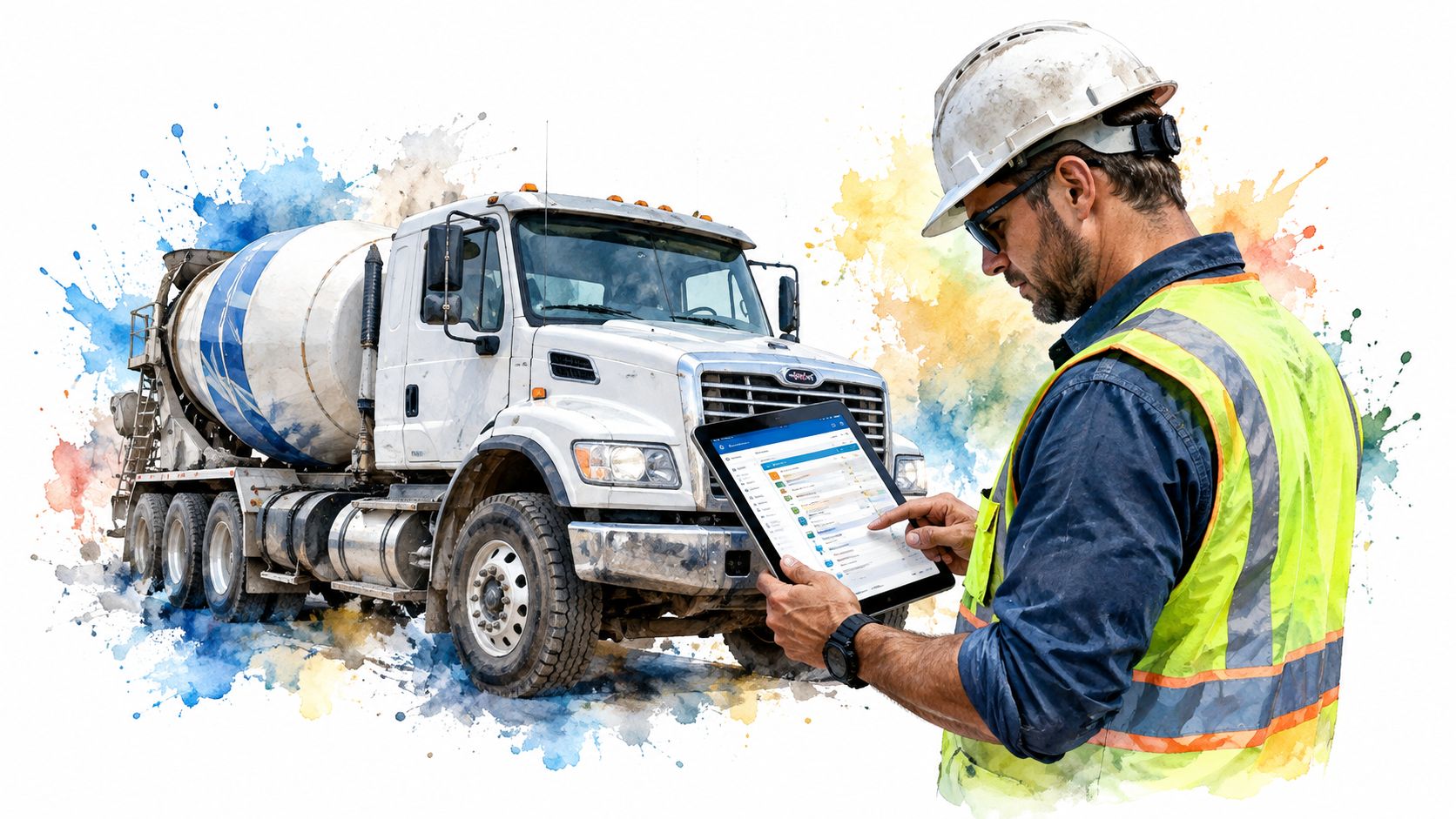 A construction manager in a safety vest and hard hat using a digital tablet near a concrete truck.