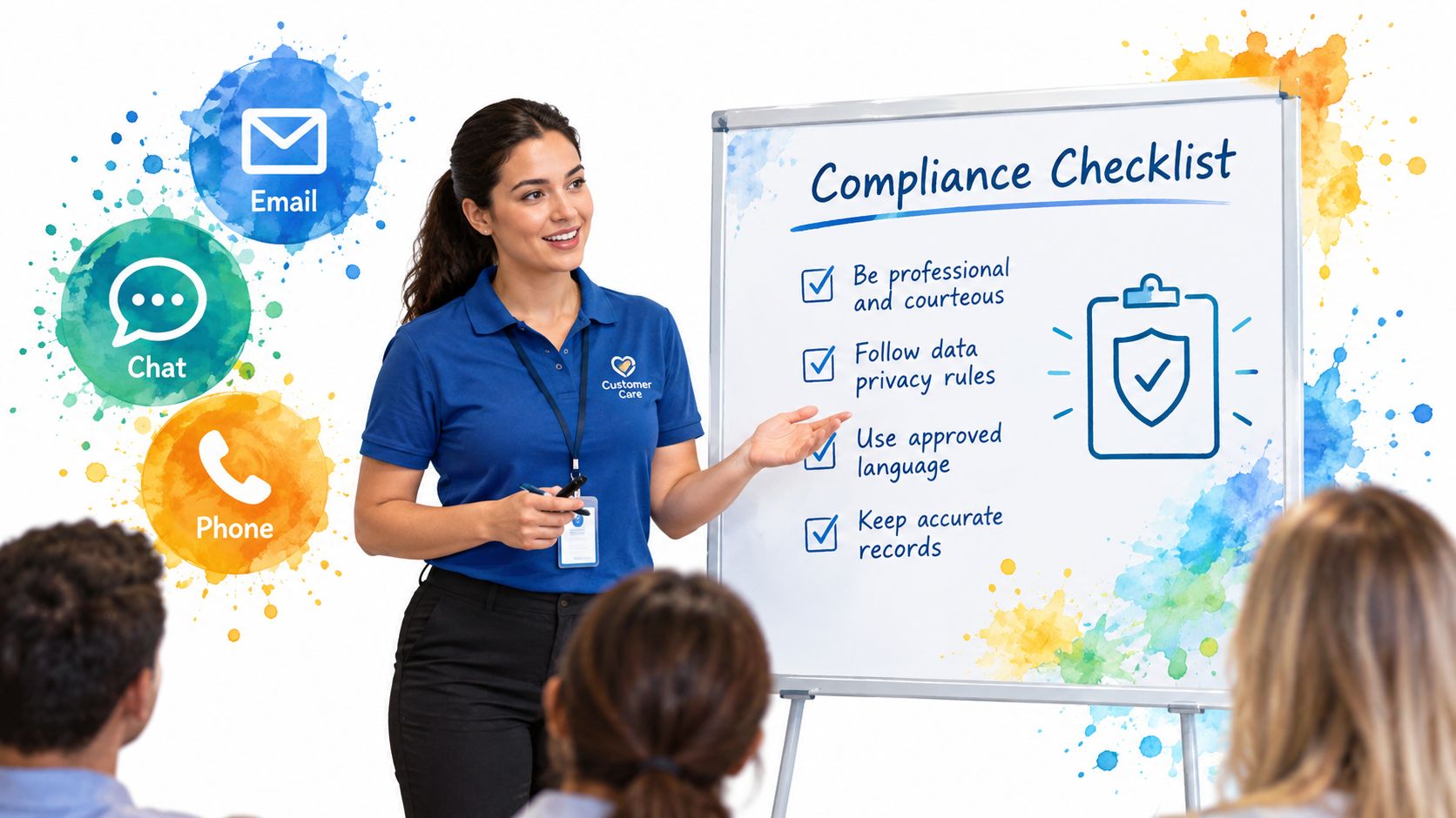 A professional customer service representative presenting a compliance checklist to a team during a training session.