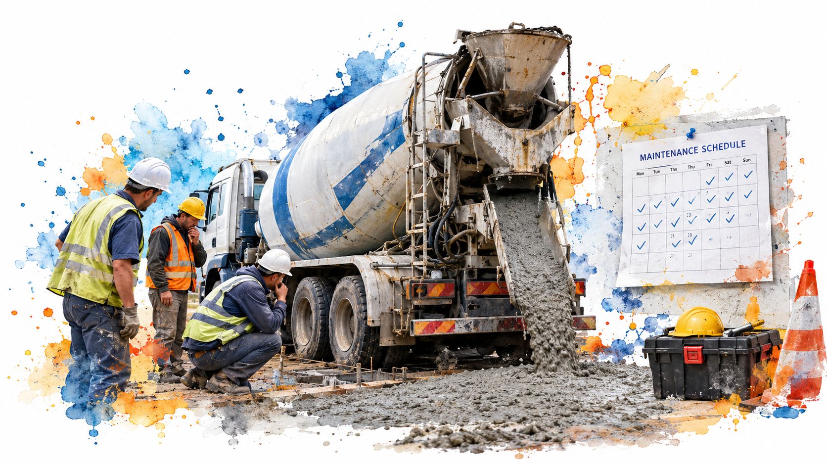 Construction workers monitoring concrete pouring from a cement mixer truck alongside a maintenance schedule board.