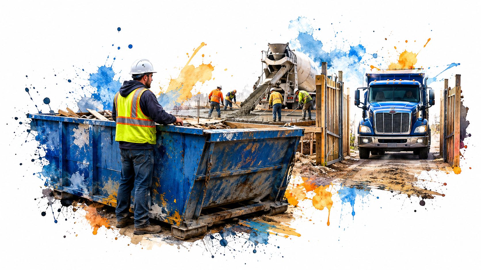 Construction worker overseeing a blue roll-off dumpster while concrete is poured at a job site with a truck.