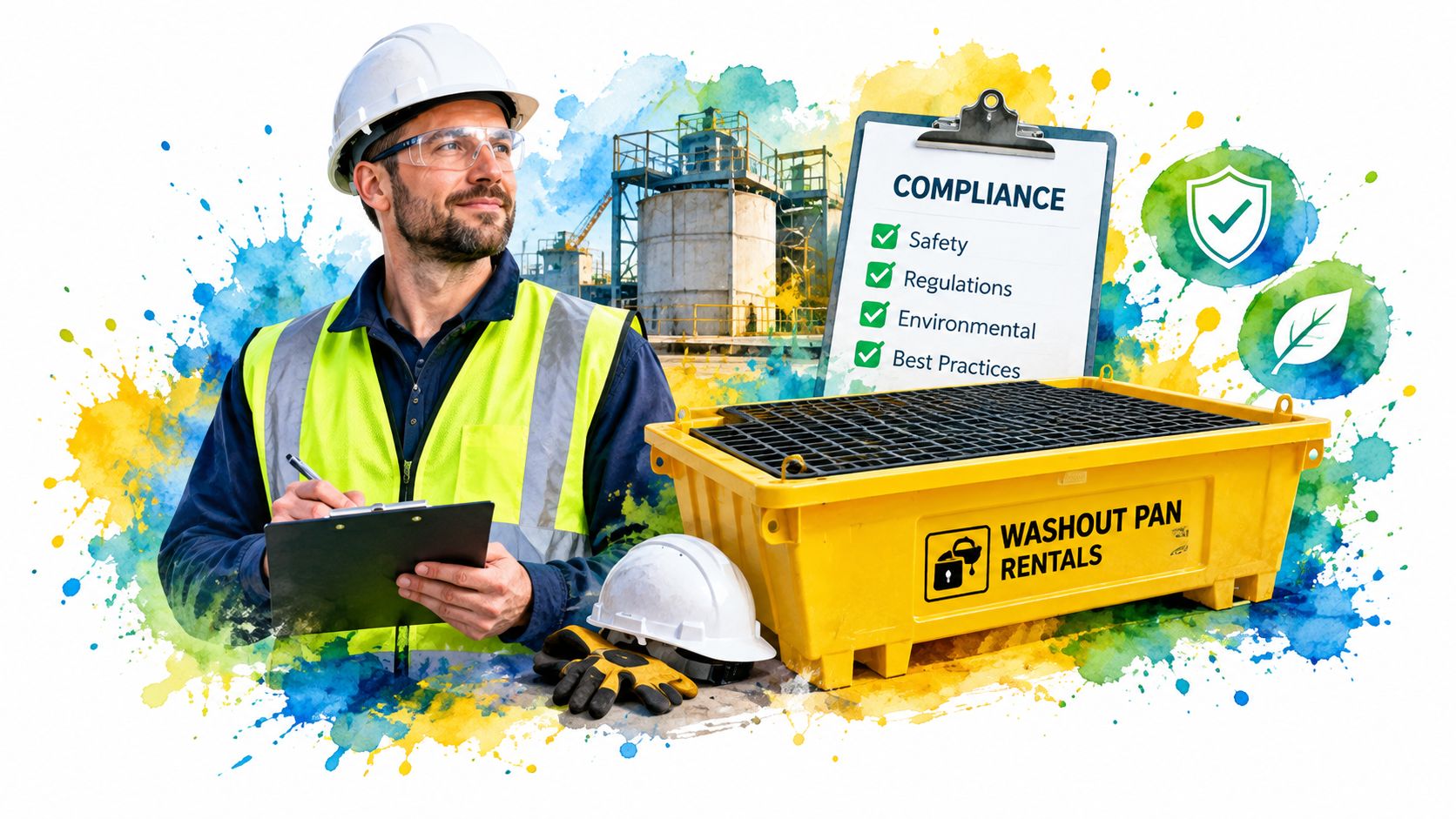A professional construction worker inspecting a yellow industrial washout pan with a compliance checklist in the background.